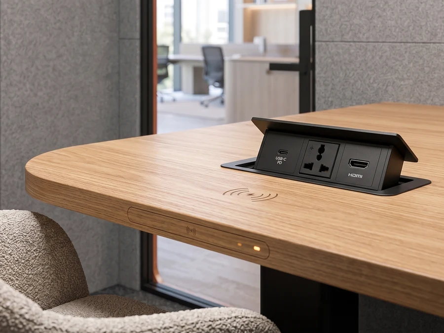 Lucia L toplantı masasına gömülü USB-C PD, evrensel priz, HDMI ve kablosuz şarjlı akıllı güç modülü