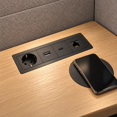 Lucia akustik kabin masasında priz, USB-A, USB-C ve ethernet modülü ile kablosuz şarj