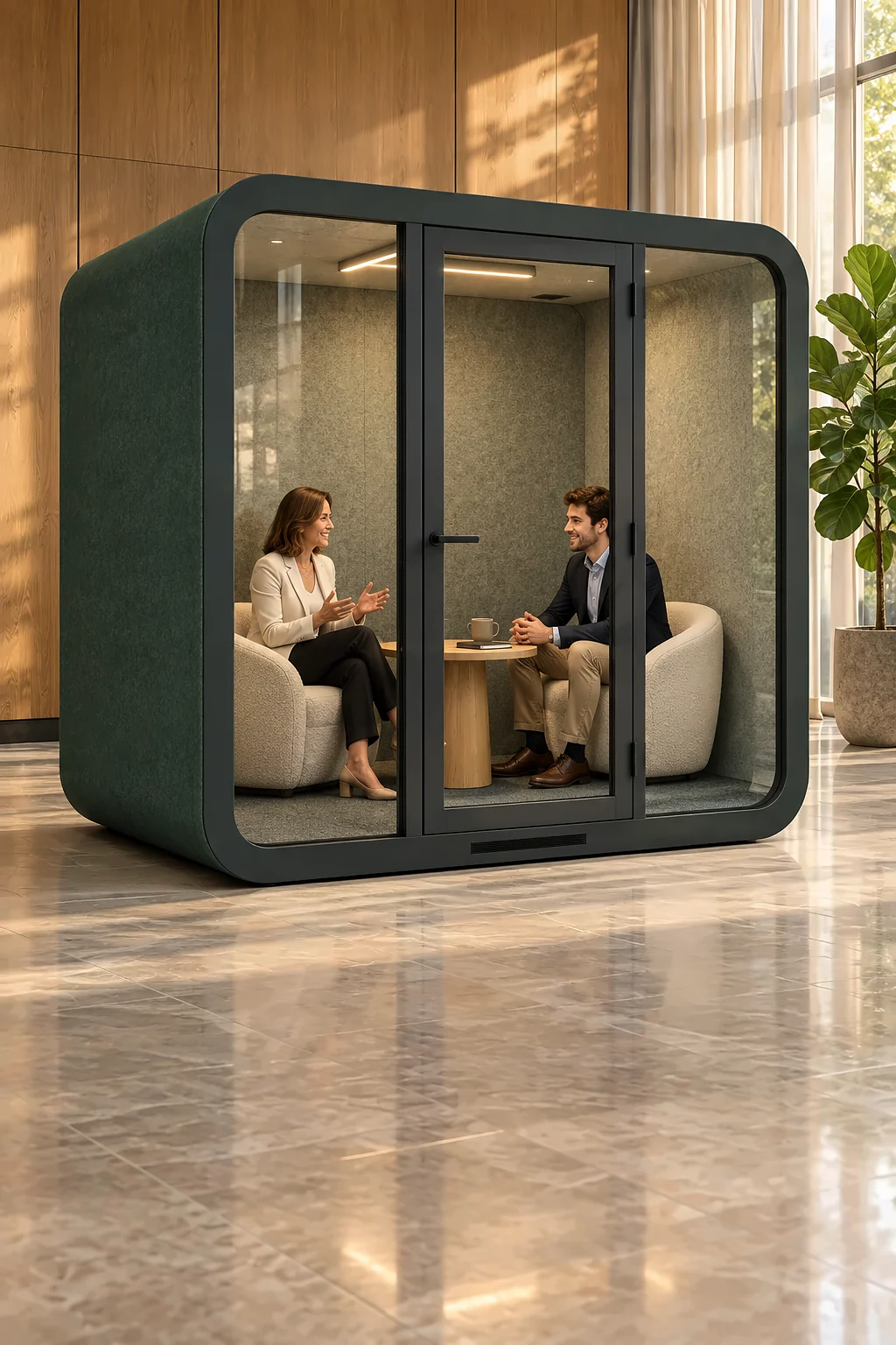 Yeşil Lucia L iki kişilik görüşme kabininde birebir iş görüşmesi yapan iki kişi